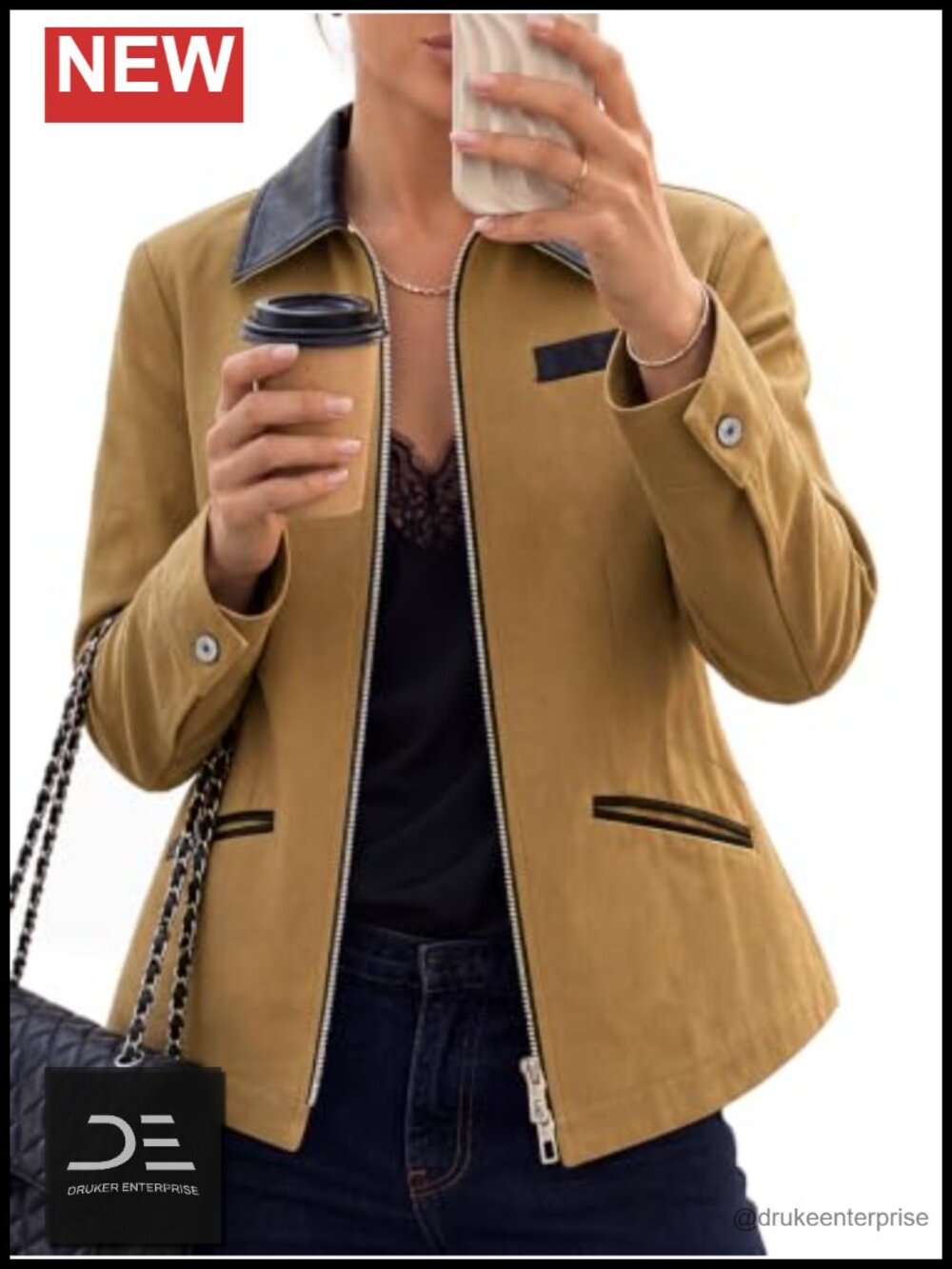Cropped Barn Jacket Faux Leather Collar Zip Up Coat